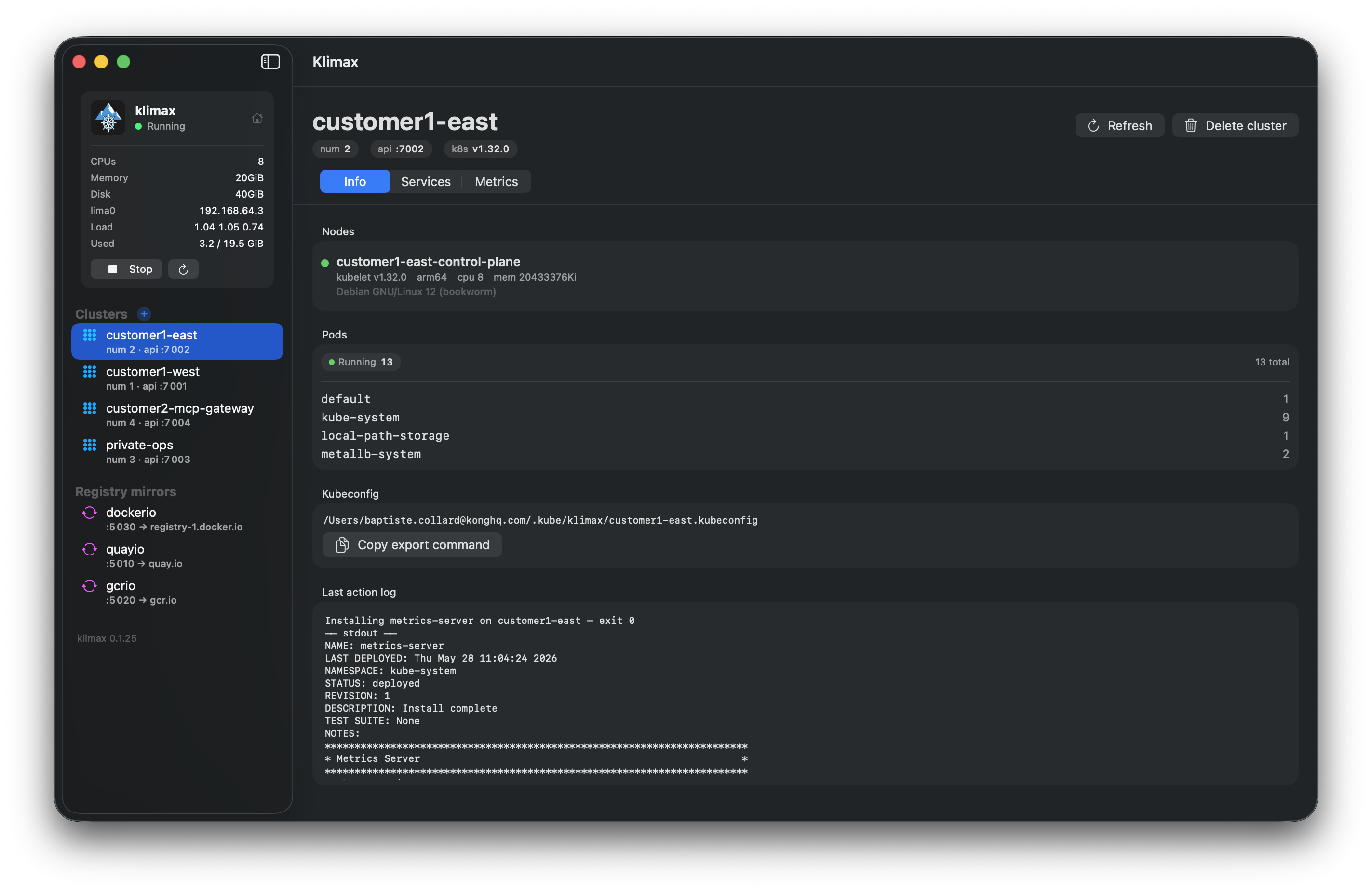 klimax-ui cluster Info tab: nodes, pods by namespace, kubeconfig path, and the last-action log