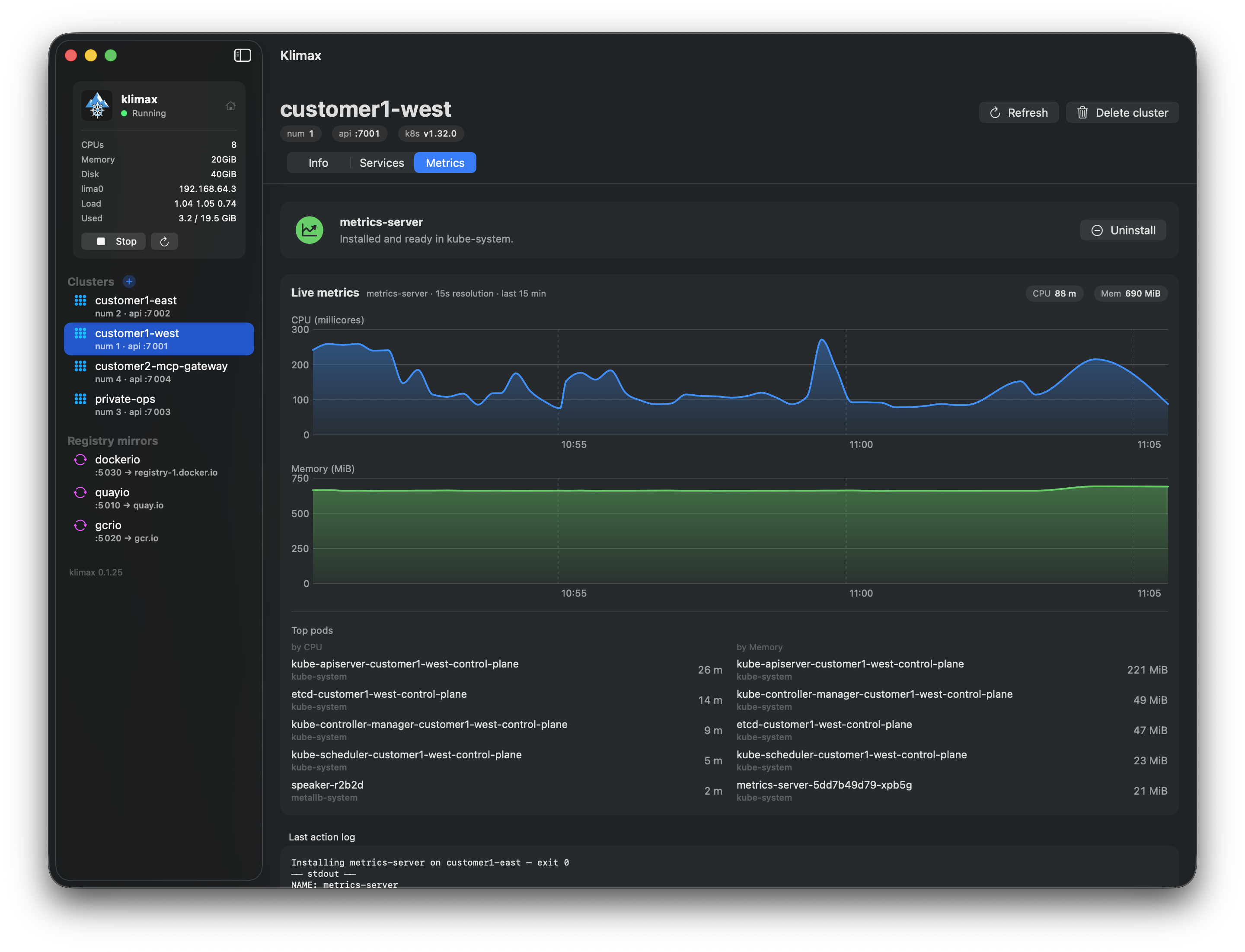 klimax-ui cluster Metrics tab: live CPU and memory charts with top pods by CPU and memory