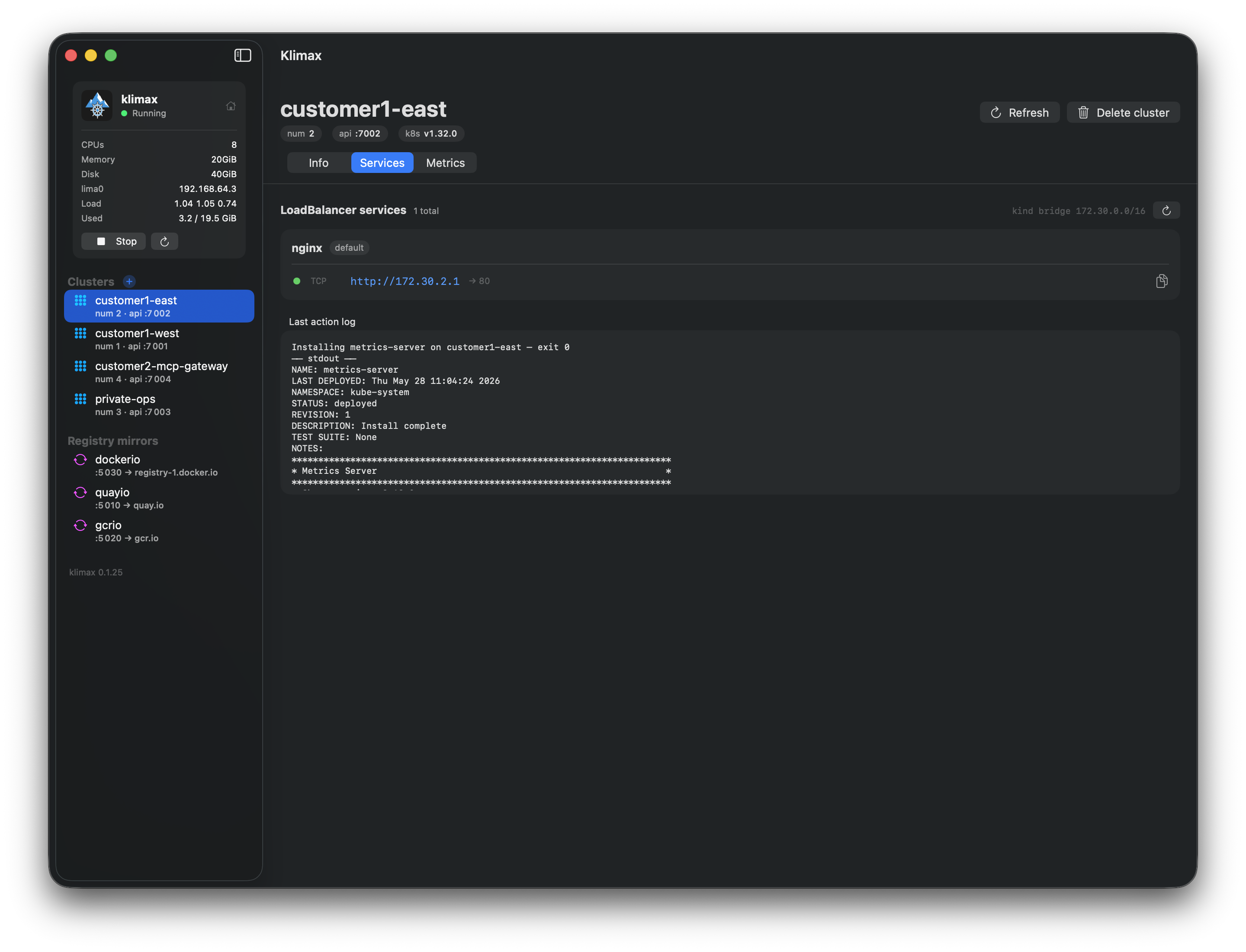 klimax-ui cluster Services tab: LoadBalancer VIPs with their real, clickable IPs