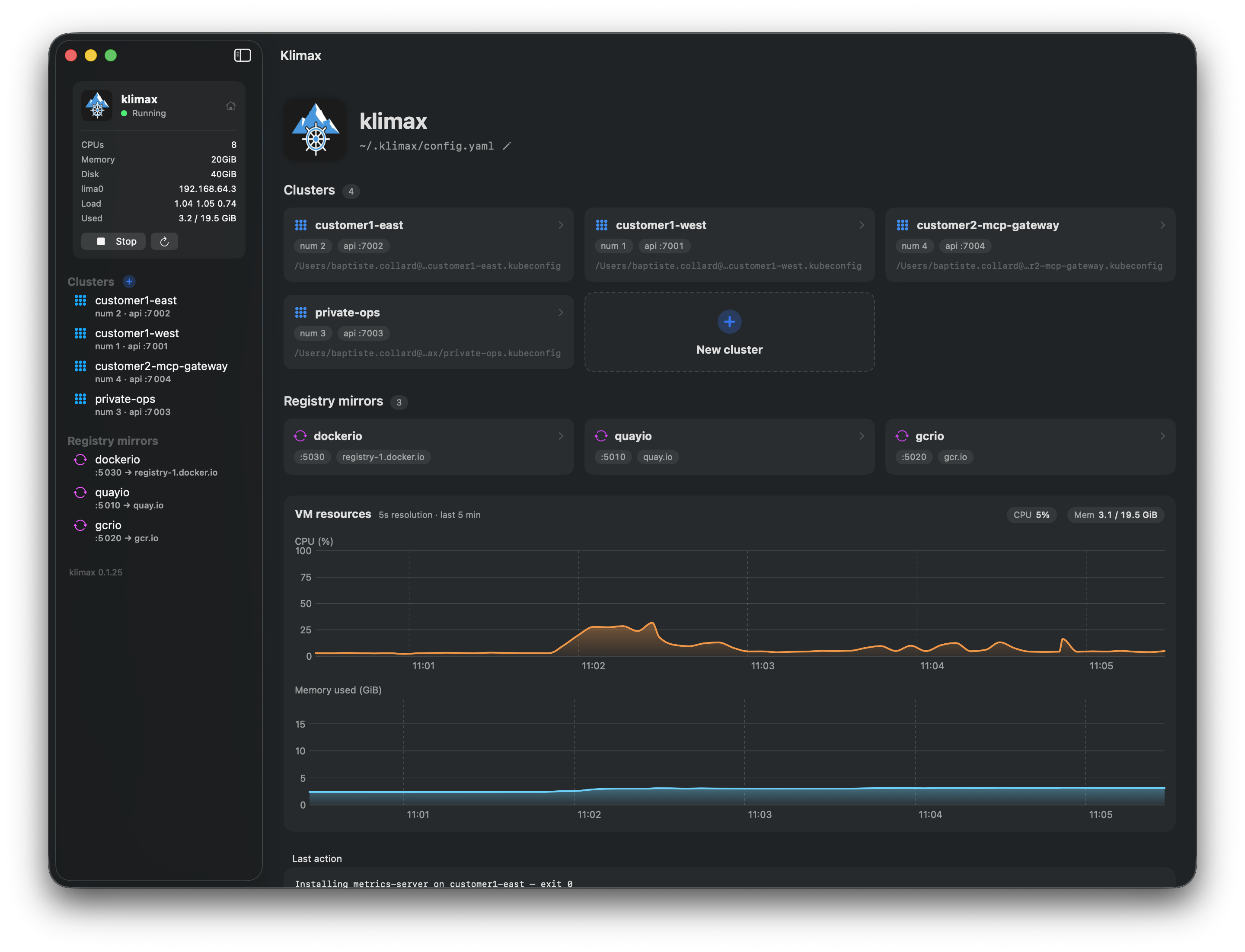 klimax-ui home view: clusters grid, registry mirrors, and live VM CPU and memory charts in a native macOS window